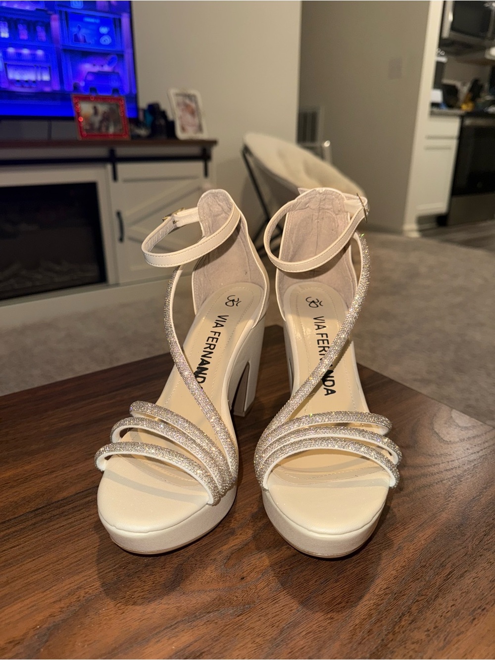 Cream Glitter Strappy Platform Heels